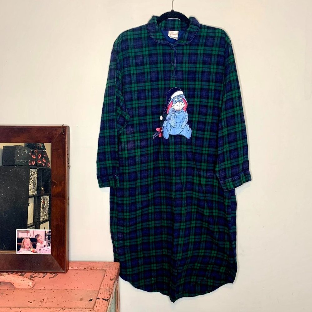 Sz L, Vintage 90s Disney Eeyore Blue/Green Long-Sleeved Flannel Winter Nightgown